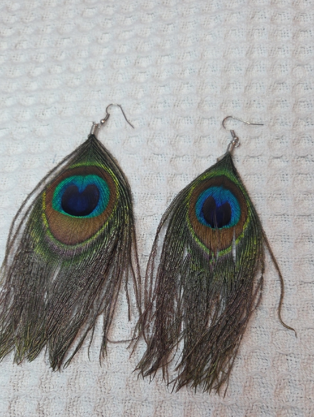 Peacock Feather Drop Earrings - Natural Green and Blue
